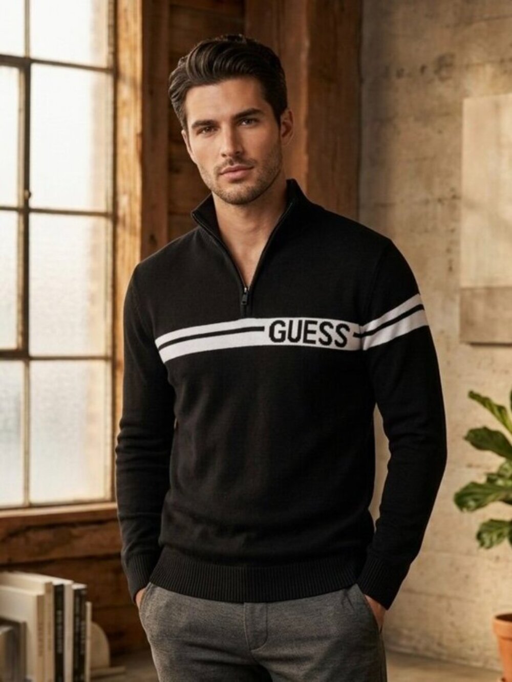 Guess Los Angeles Eco Kimo Quarter-Zip Sweater - Jet Black